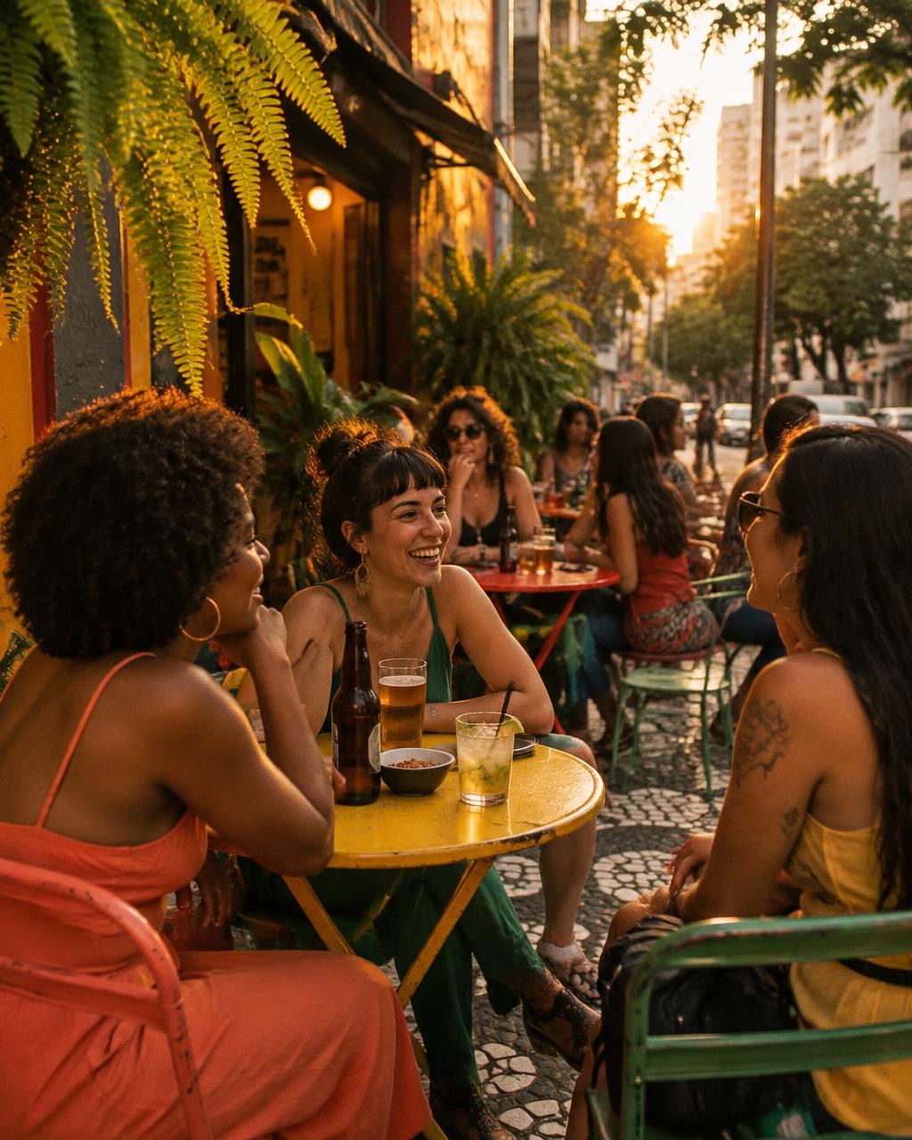 Mulheres reunidas em uma mesa de bar em São Paulo